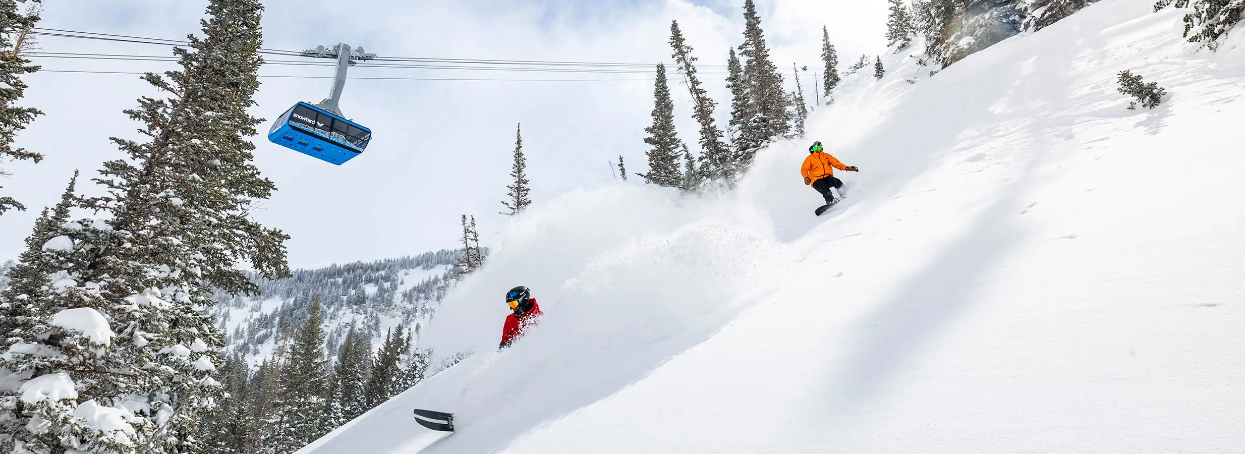 Hero- Snowboarders in powder on a bluebird day at Snowbird below the Tram
