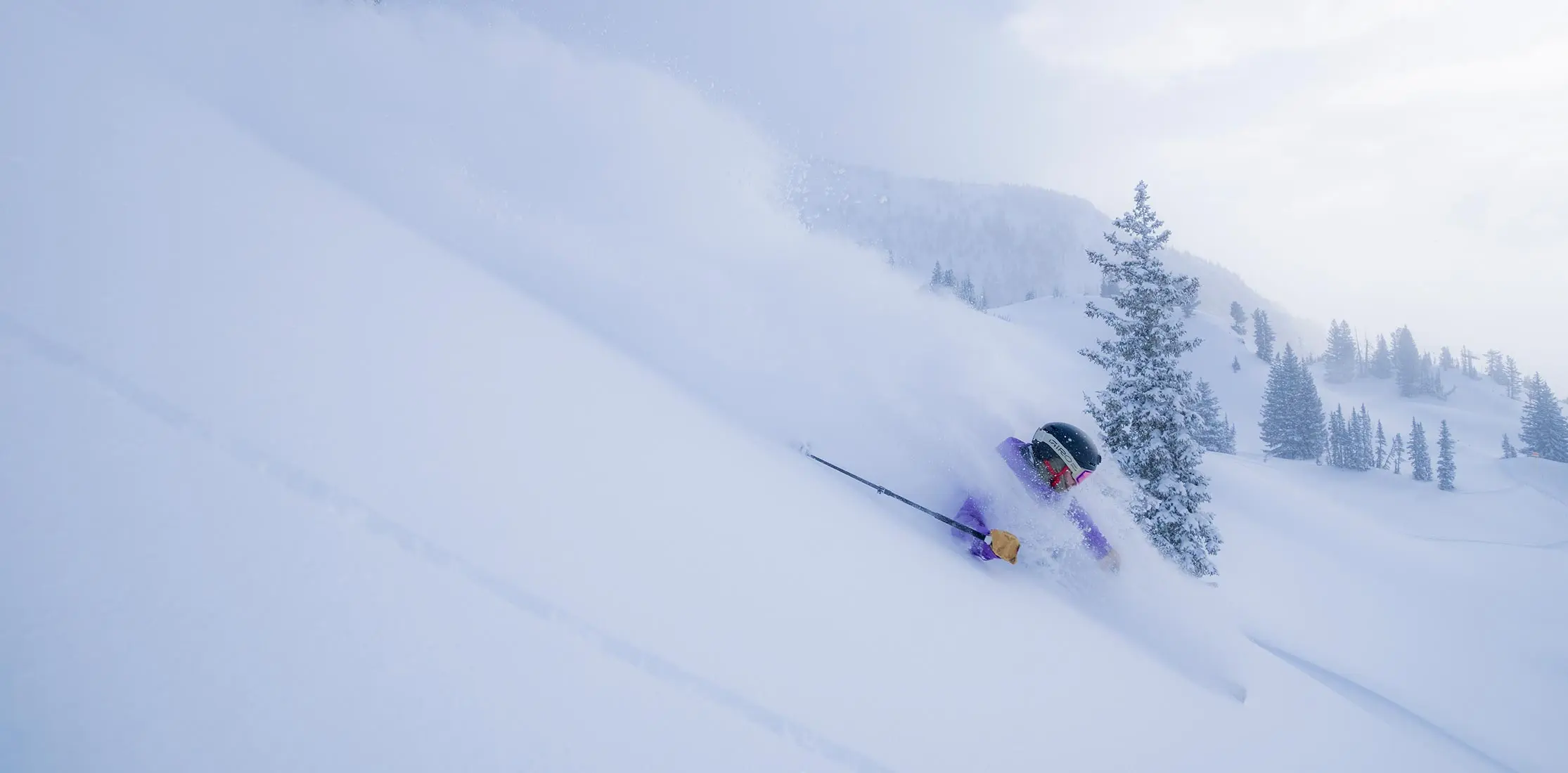 Skier with a snowbird season pass skis deep powder during a storm