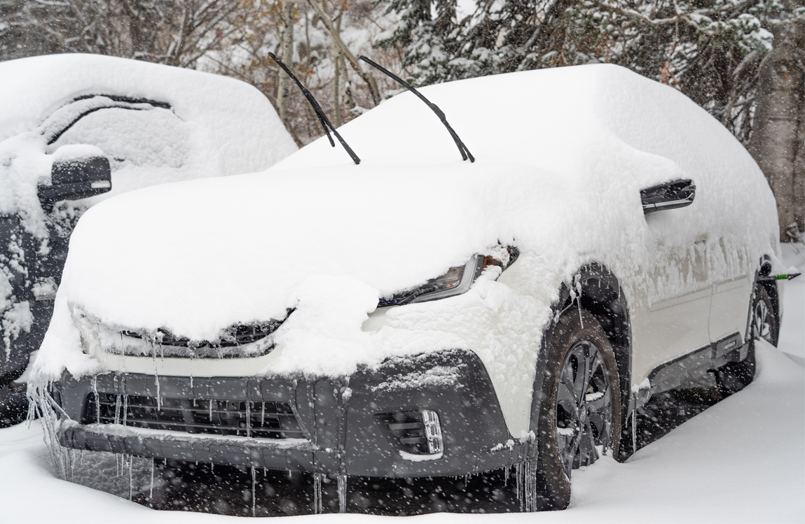 Snow covered Subaru at Snowbird