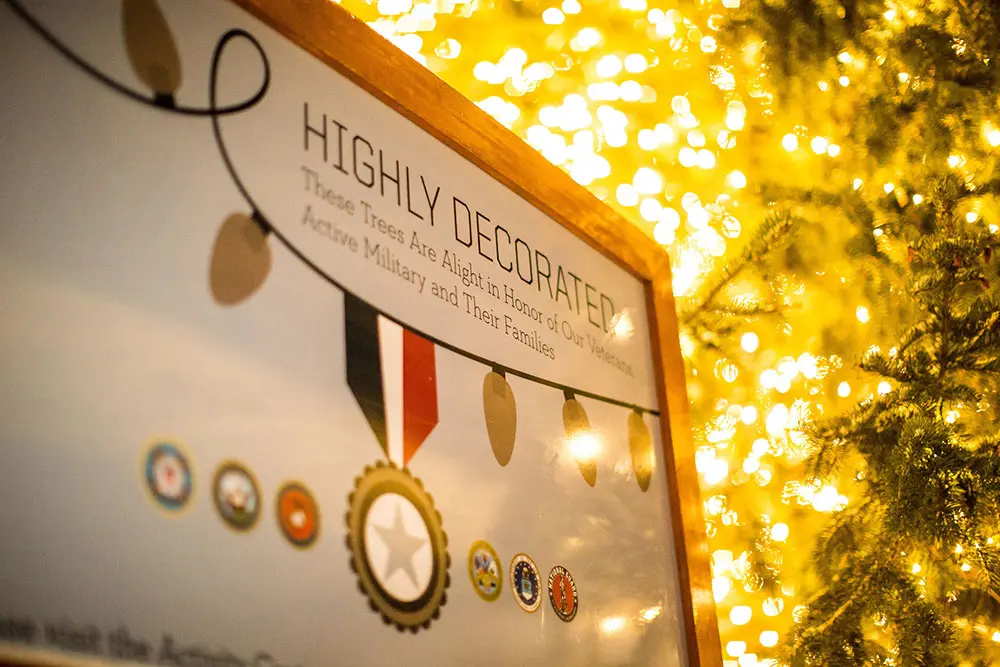 Highly Decorated sign with Christmas Tree behind