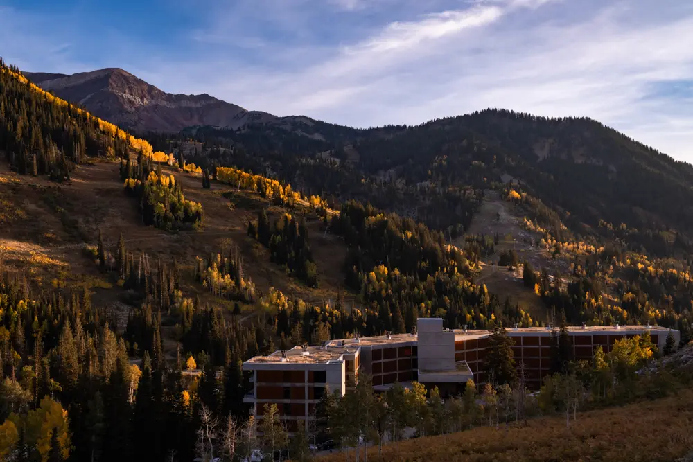 The Lodge at Snowbird at sunset, home to The Lodge Bistro