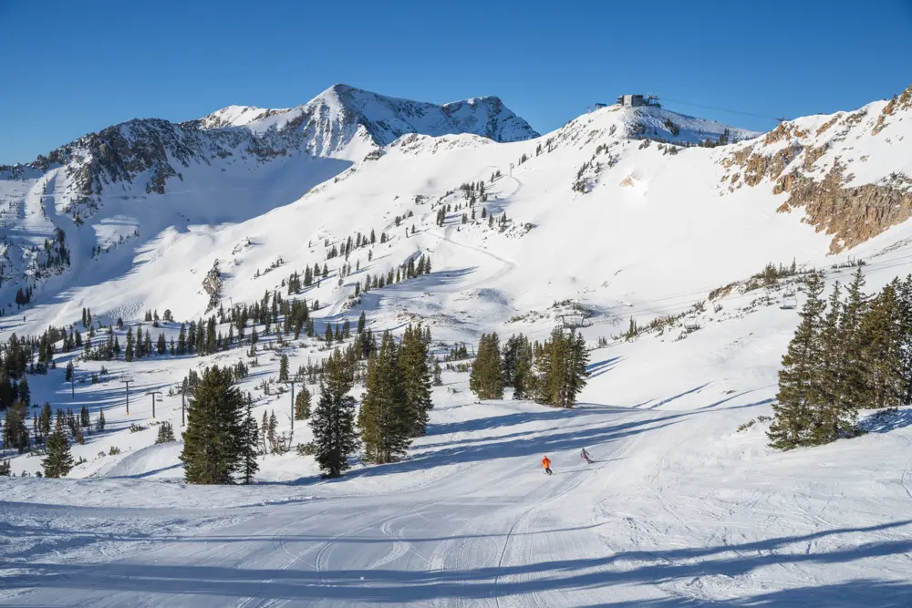 A mountain host and a skier taking a Mountain Tour at Snowbird