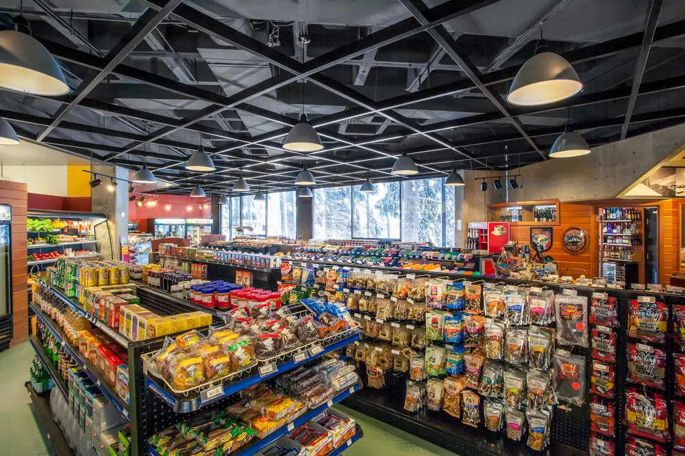 Grocery shopping at General Gritts, stocked shelves