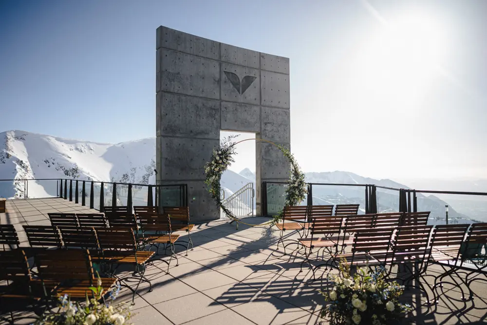 Wedding at the Summit at Snowbird, set up with views of snowcapped mountains