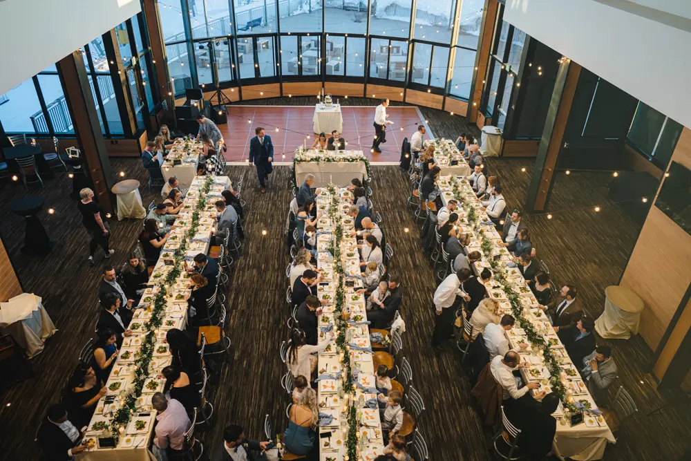 View from above looking at the Summit Wedding venue set up with long tables