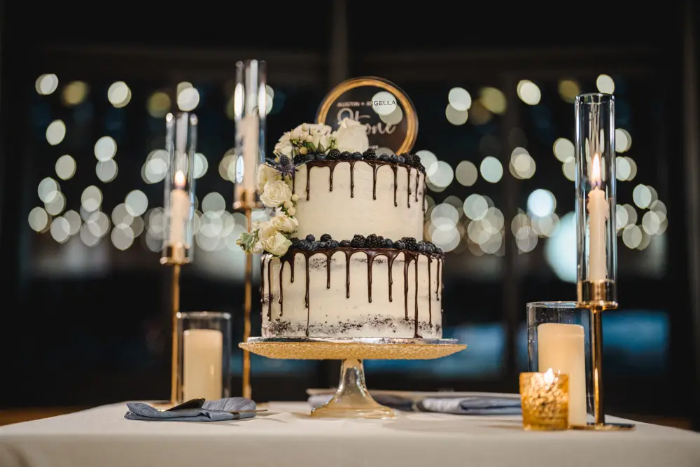 Cake at a Snowbird wedding- 2 tier with chocolate drizzle