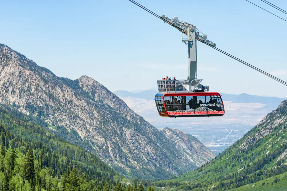 The Snowbird Tram in summer with a canyon view, one of Snowbird's Corporate Retreats
