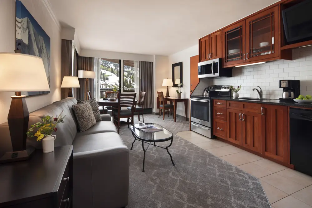 Studio bedroom at Snowbird's Cliff Club - featuring a wet bar, oven and couch