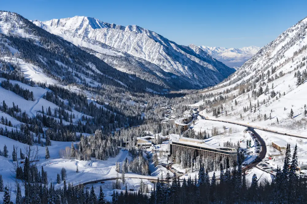 View of Little Cottonwood Canyon from above, the road employees must commute up