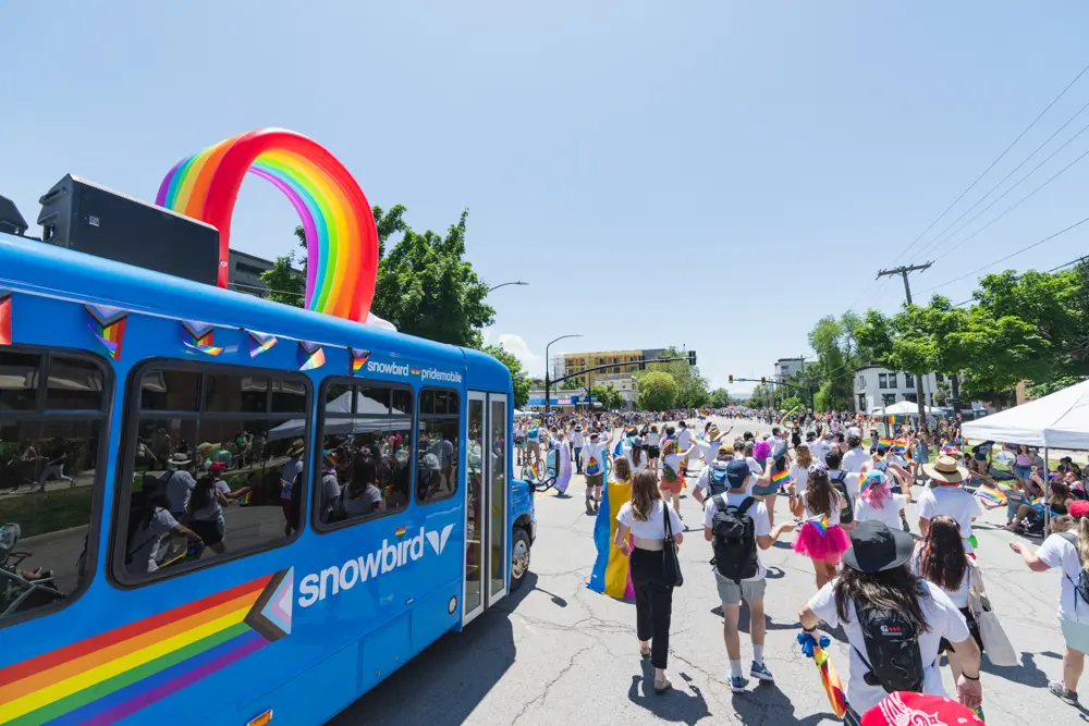 Snowbird Pride Bus celebrating Salt Lake Pride festival with employees