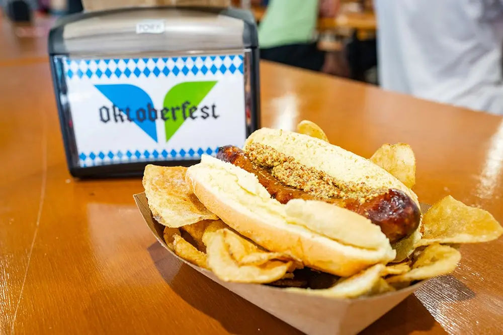 a brat at Oktoberfest, one of the many food options at Snowbird's Oktoberfest