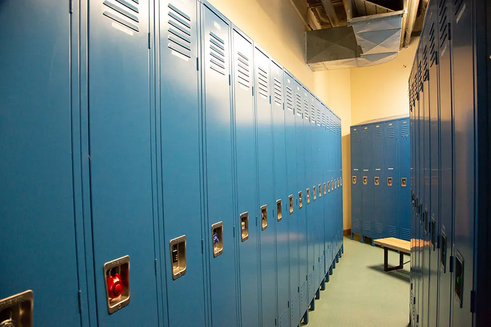 Blue lockers in the Snowbird Center, one of the upgrades available for guests during the ski day
