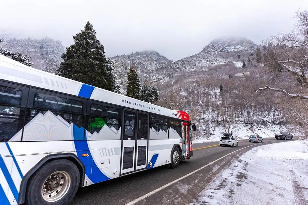 Bus drives on highway 210 in traffic on the way to Snowbird
