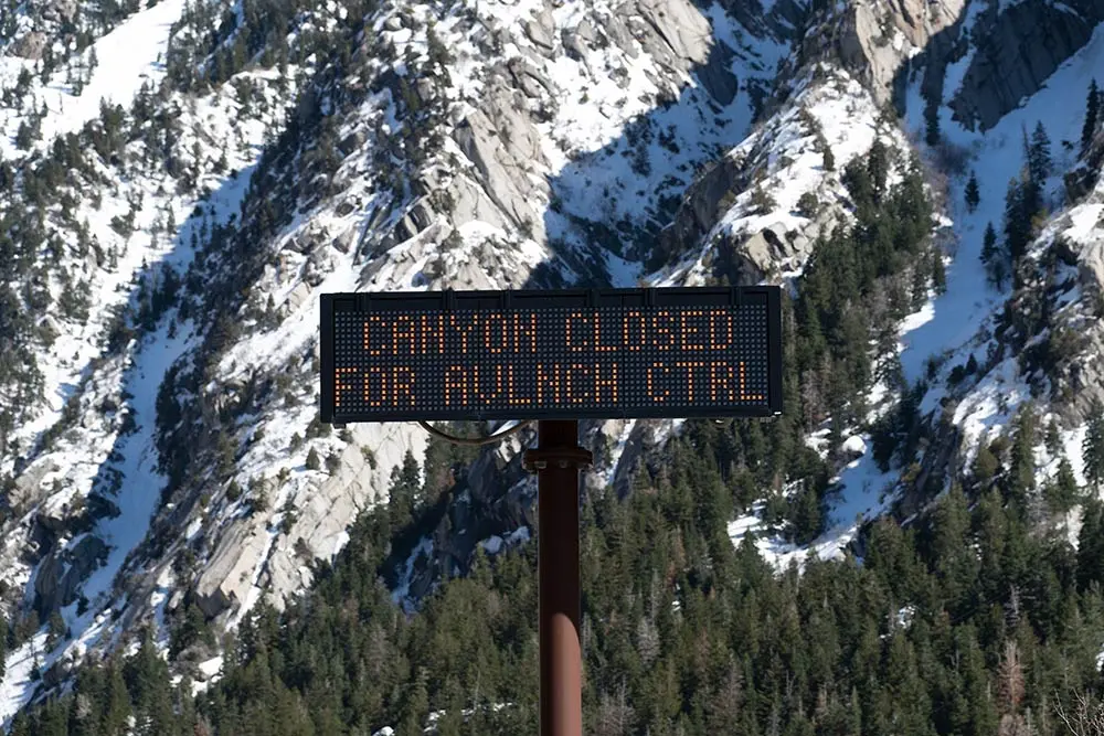 Road closed sign "Canyon Closed for Avalanche Control"