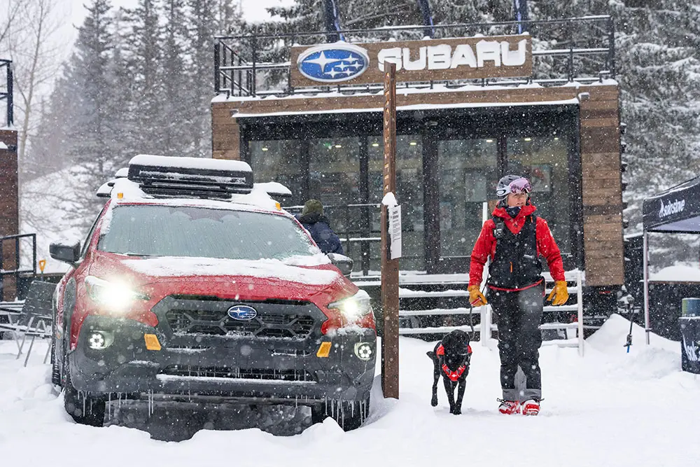 Frankie, an avalanche rescue dog, and his handler walk near a subaru