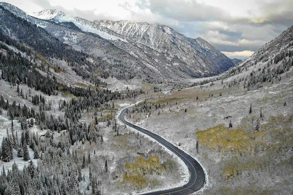 Road conditions in Little Cottonwood Canyon during an early storm