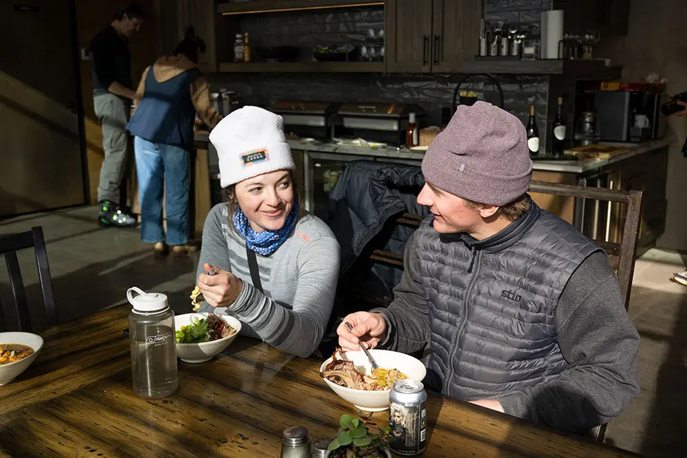 Eating lunch at Powderbird, part of a day helicopter skiing with Powderbird