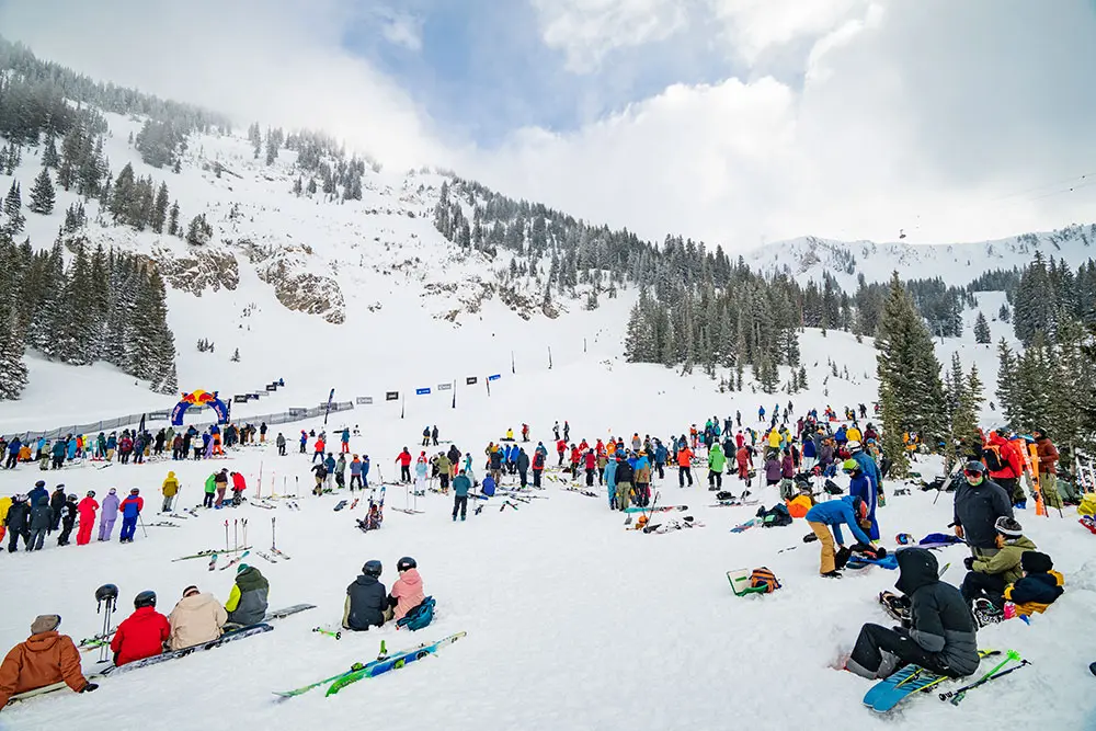 IFSA competition on Baldy at Snowbird, fans looking up at the competitors