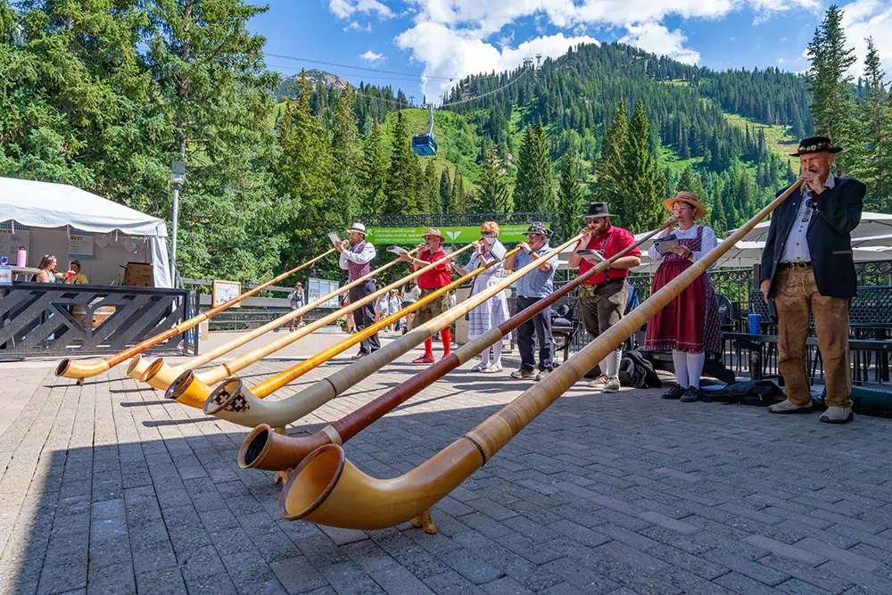 Alphorn line up on the Plaza Deck at Snowbird during the first weekend of Oktoberfest