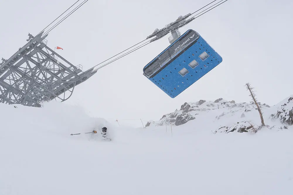 Adult Big Mountain Camp - skier skis underneath the tram at Snowbird in deep powder at The Big Mountain Camp