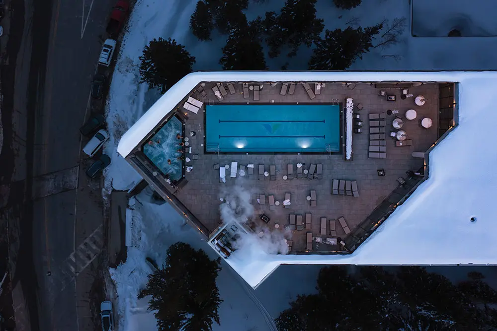 A bird's eye view of The Cliff Spa, located on the top floor of Snowbird's Cliff Lodge. The Cliff Spa is one of the Cliff Lodge's many amenities