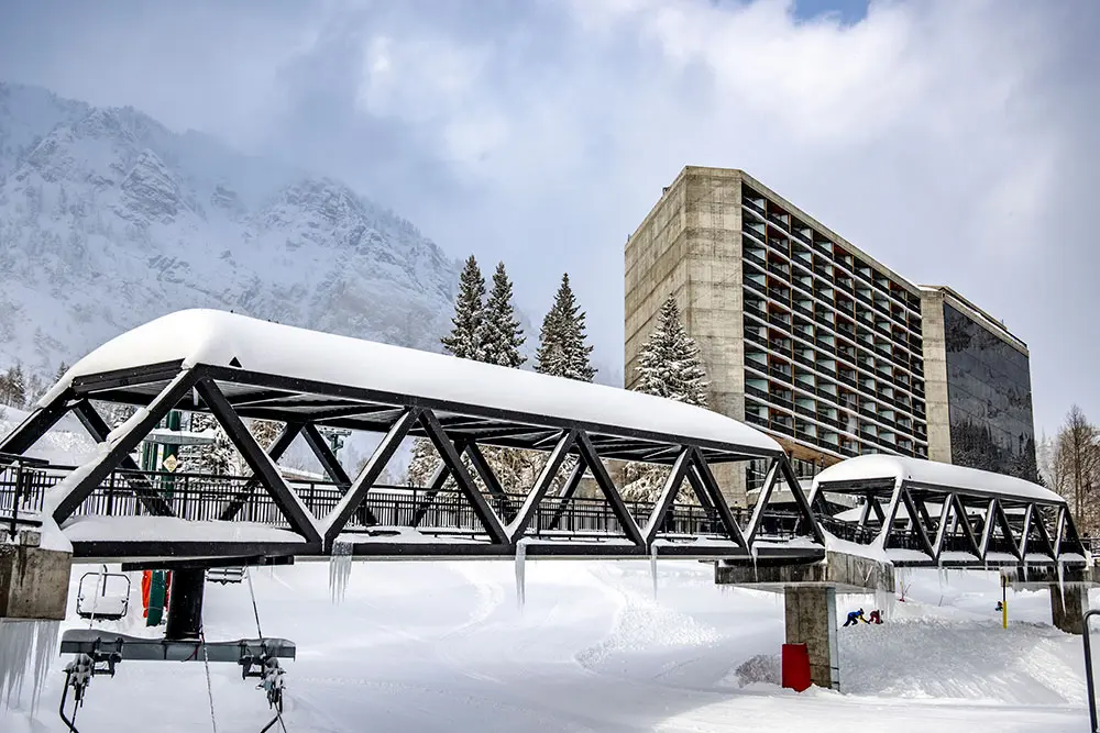 The pedestrian bridge leading to Snowbird's Cliff Lodge, a slopeside lodging property next to snowbird's iconic tram