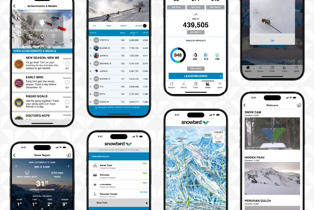Various screenshots of the Snowbird App shown in mock-ups of a phone