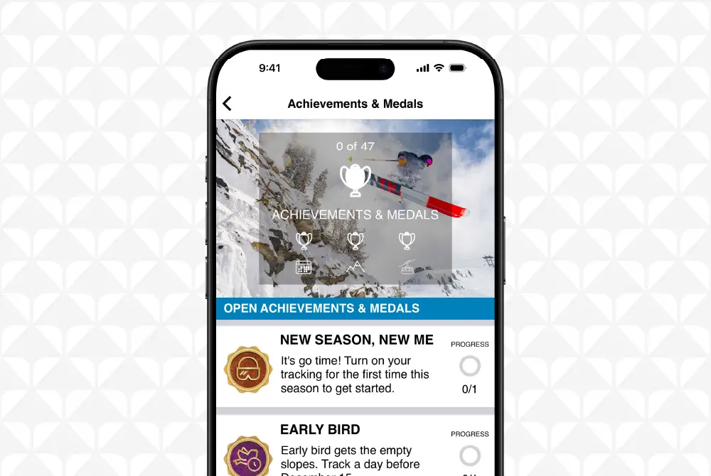 Earn badges within the Snowbird app, screenshot of the badges and achievements section within the Snowbird App