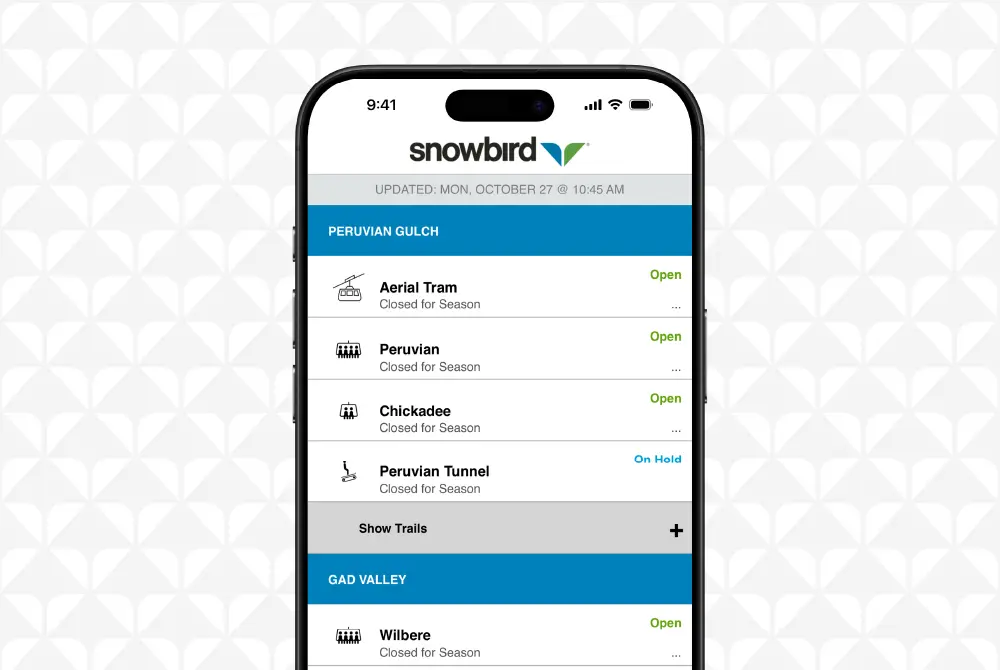 Check real-time lift and trail status in the Snowbird App, screenshot of the lift and trail status screen within the app