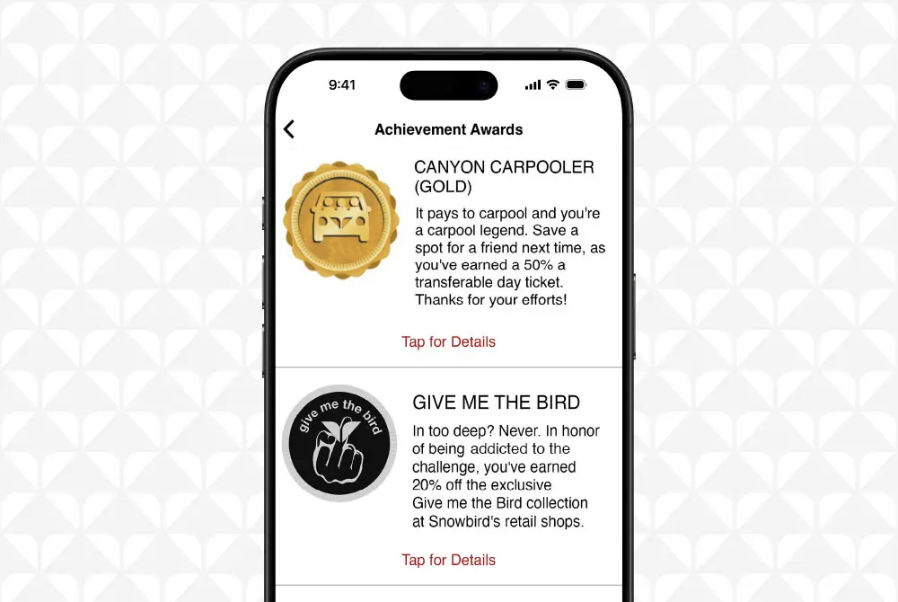 Real-world badges in the Snowbird App, a screenshot of some of the awards you can get