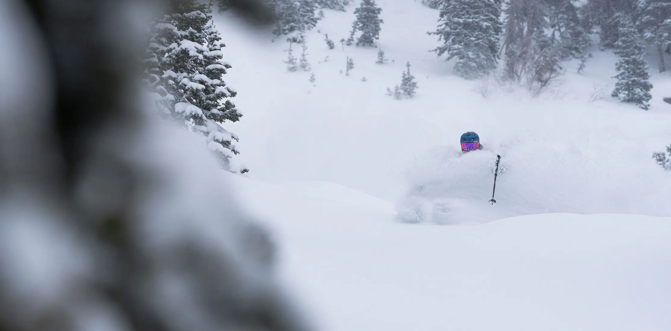 Skier in deep powder at Snowbird with the Flex-5 pass