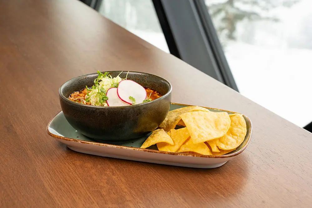 Chili, topped with radish slices, at Snowbird's mid-mountain restaurant - the nest