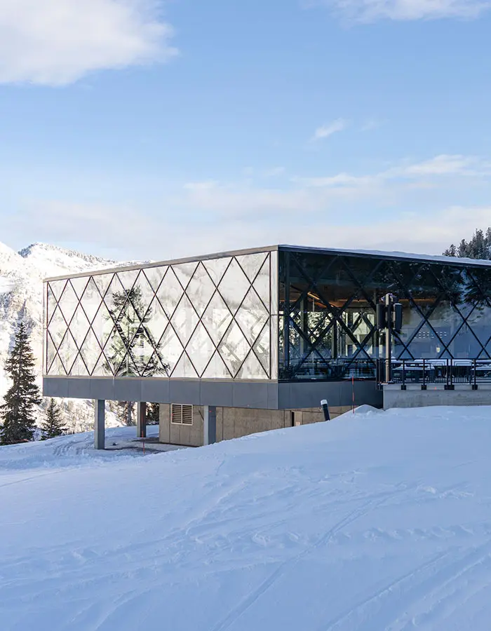 mobile hero- the exterior of the Nest, snowbird's new mid-mountain restaurant