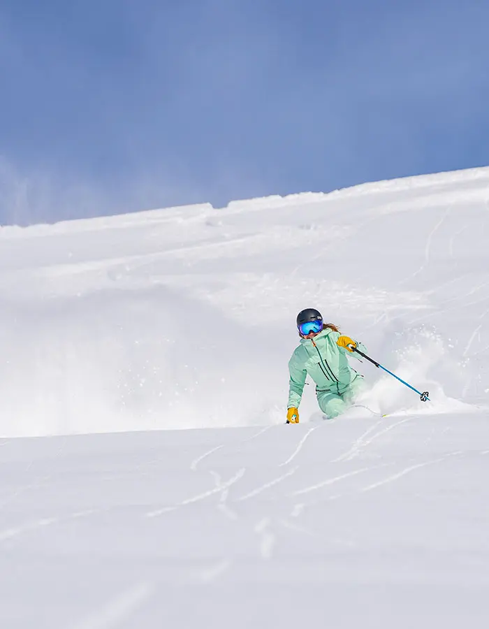 Skier in untouched powder in Mineral Basin, mobile hero for lodging sale promo