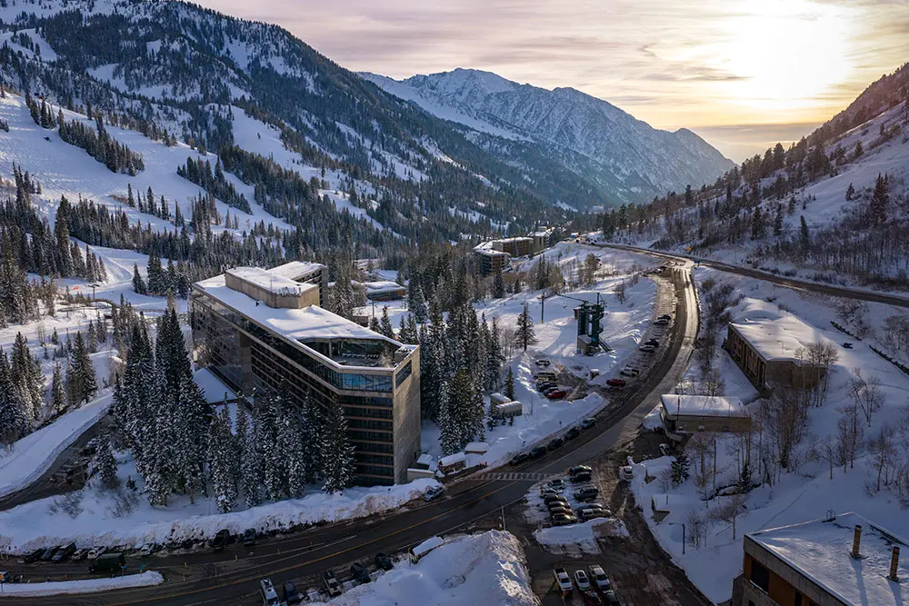 The Cliff Lodge from above at sunset, 1 night at the Cliff Lodge is one of the benefits for summit passholders