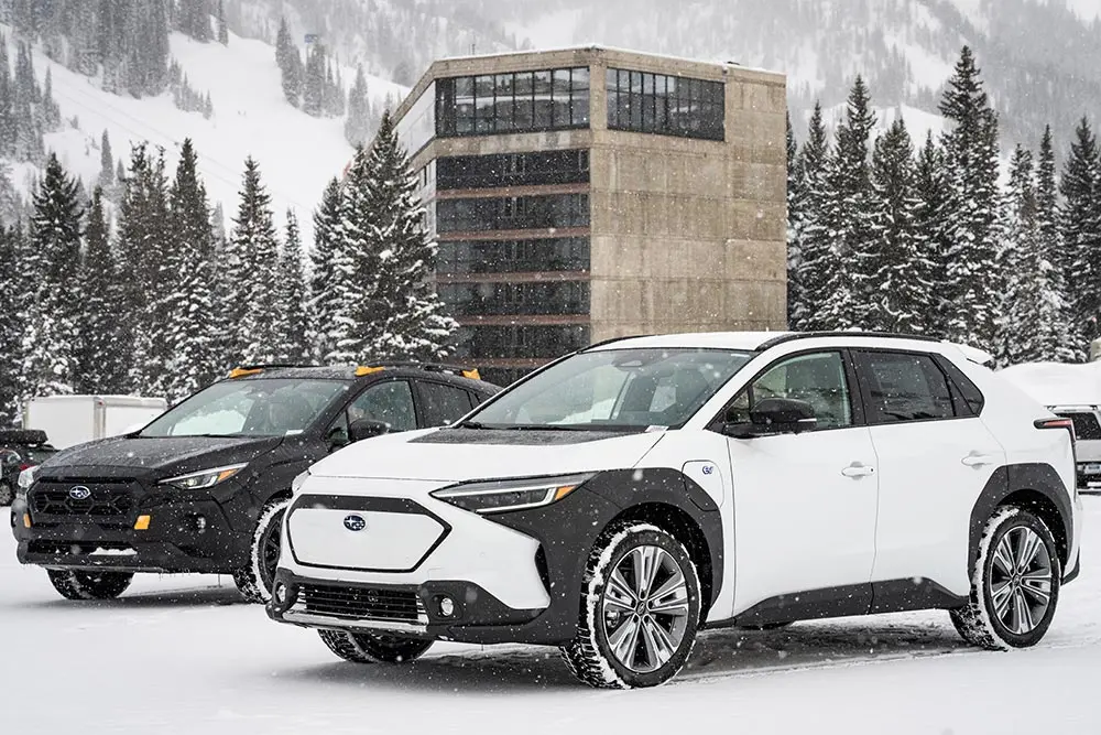Subarus in front of the cliff lodge. Alta-Bird passholders get discounts on new subarus