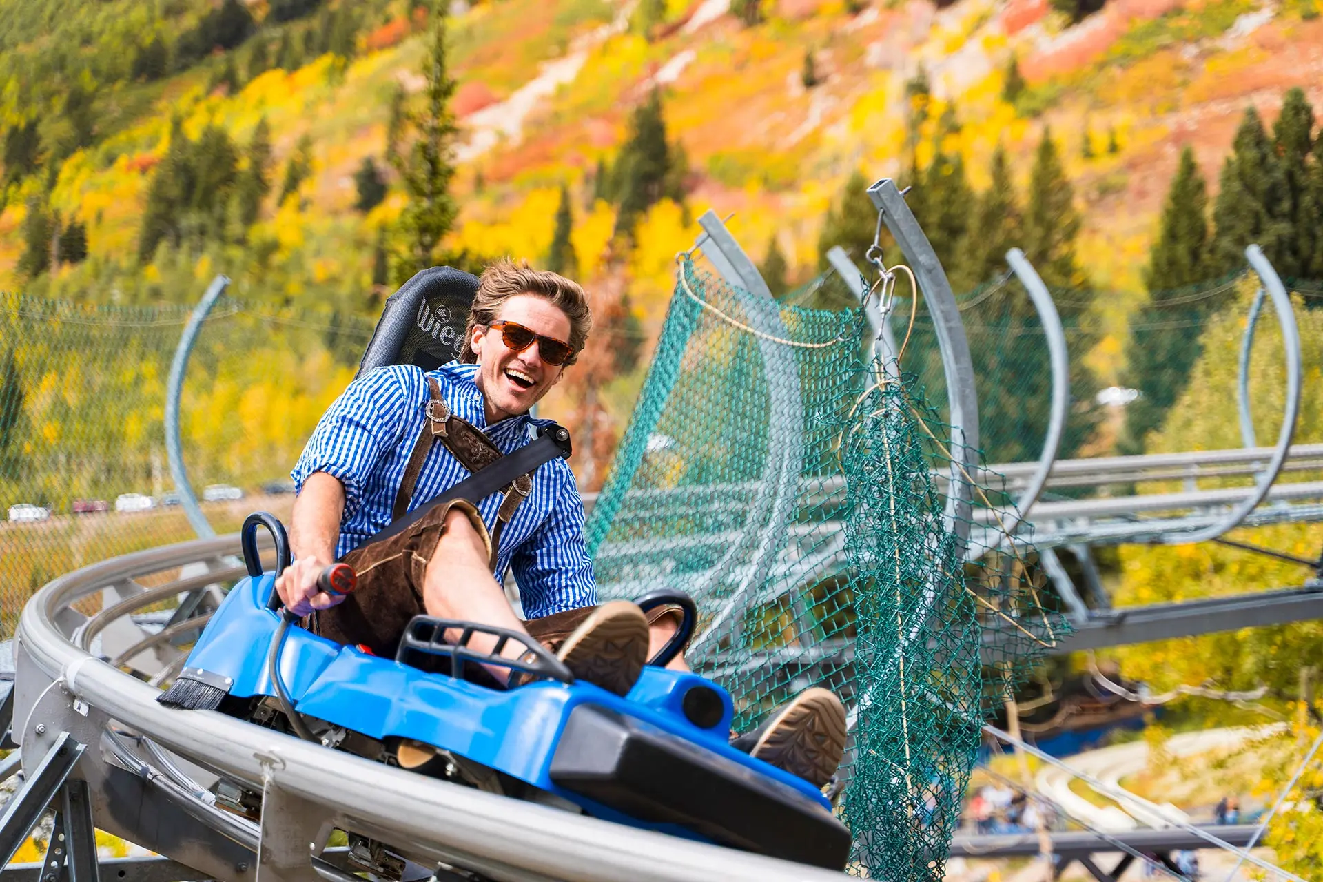 Snowbird Mountain Coaster in the fall at Snowbird during Oktoberfest