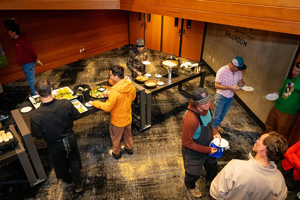 People attending a conference at Snowbird fill up their dining plates