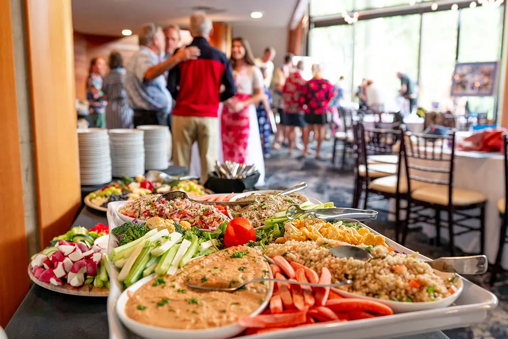 A catering spread at Junior's 100th birthday. Party and holiday venues are available to book through Snowbird