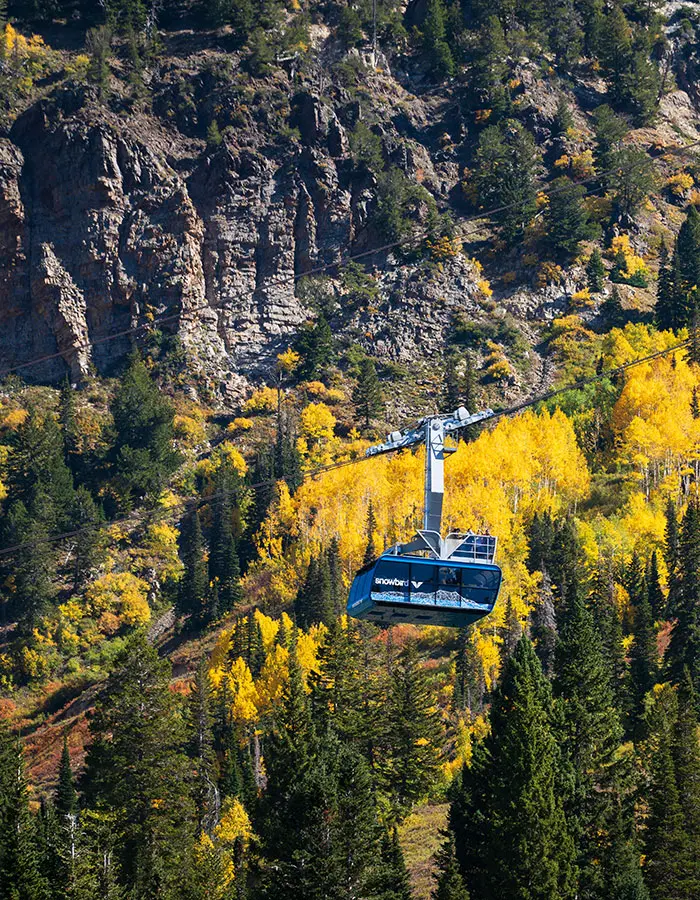 Tram rises up at Snowbird, scenic view of fall colors