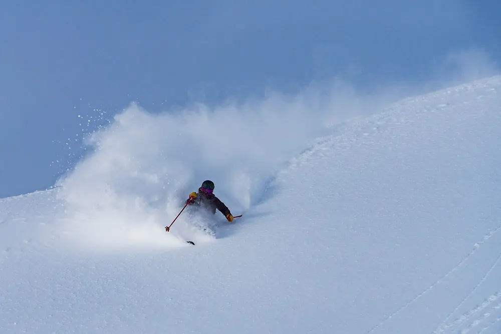 Adult with a Snowbird Lift Ticket skis deep powder on a slightly stormy day day