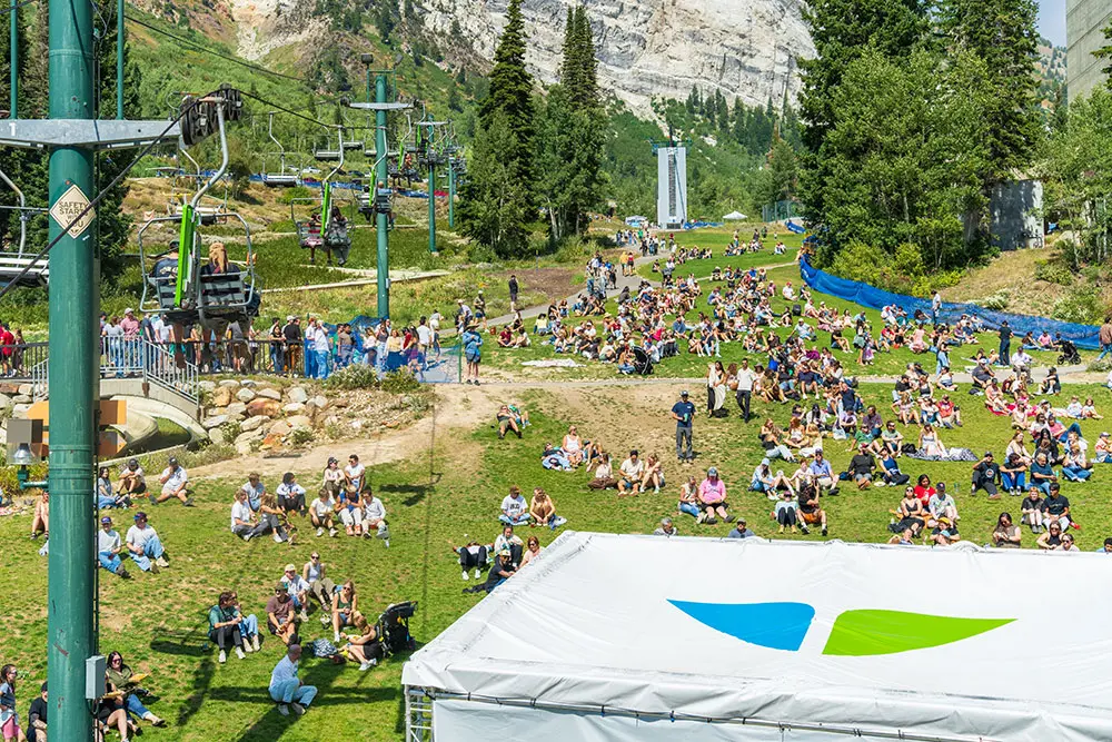 Chickadee Hill from above with the Chickadee Stage set up and people enjoying live music