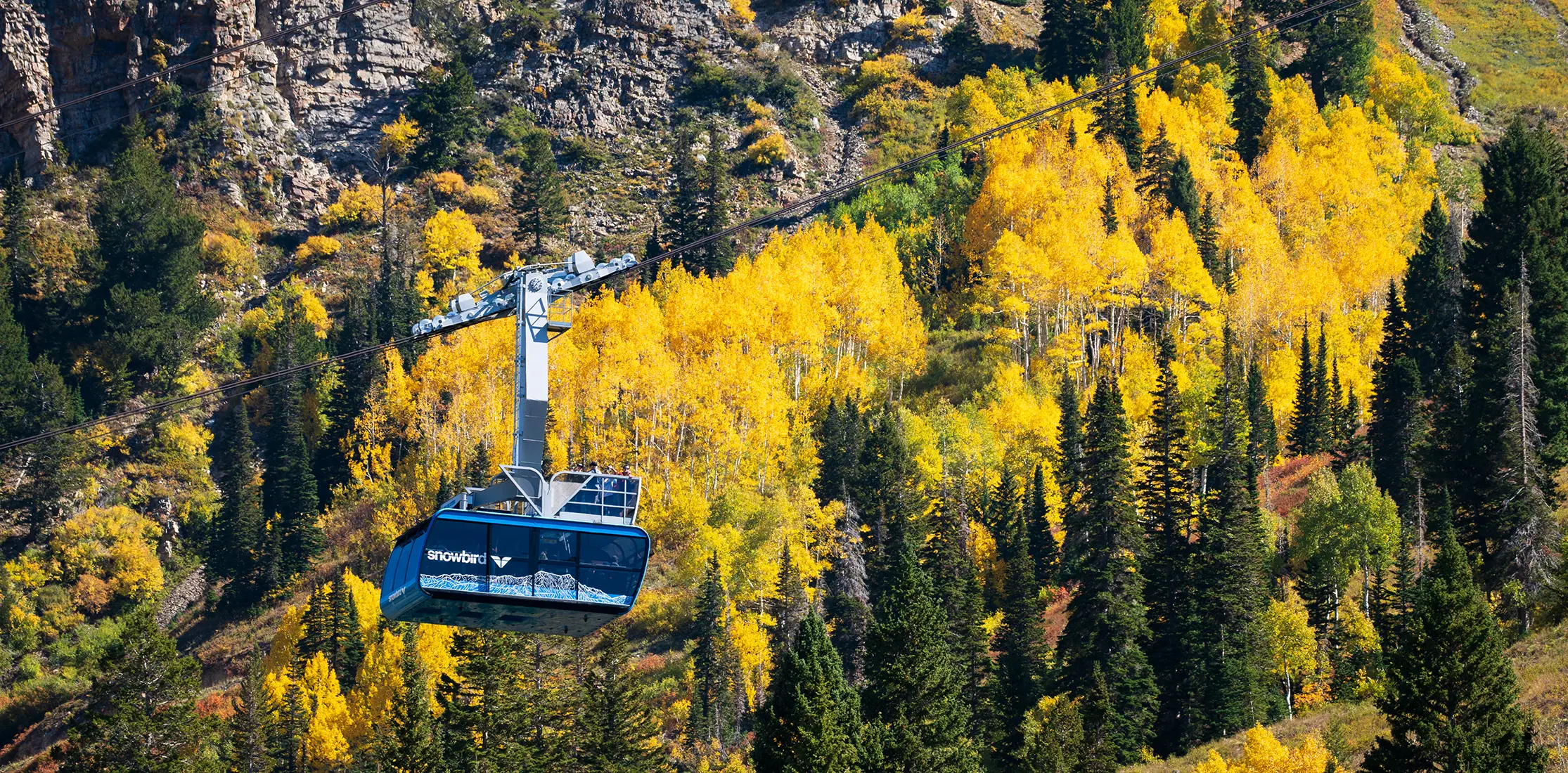 Tram raises up at Snowbird with fall colors in the background