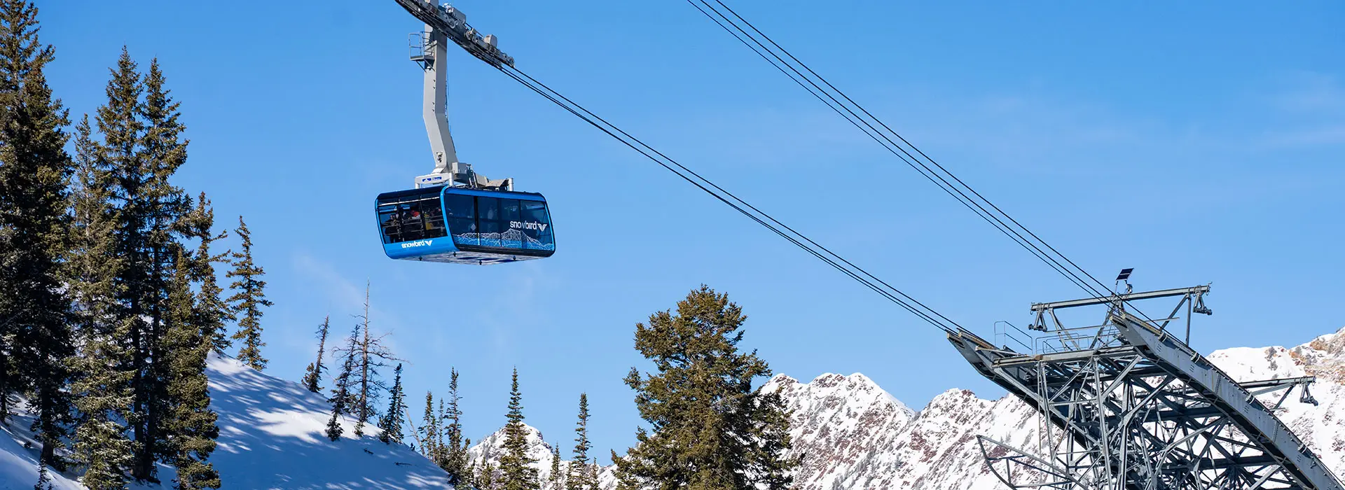 The Snowbird Tram rises above a mountain on a sunny day