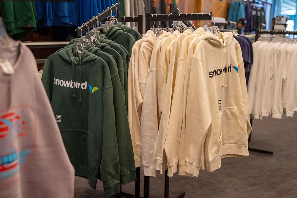 Snowbird sweatshirts inside of Wings, a retail store at Snowbird