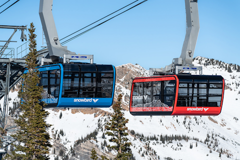 Red and Blue Aerial Trams in Winter at Snowbird, a Utah Ski resort
